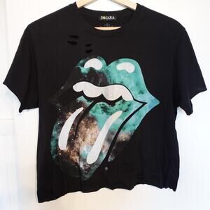 Rolling Stones Shirt Womens Small Black Tongue Galaxy Graphic Distressed Tee Y2K